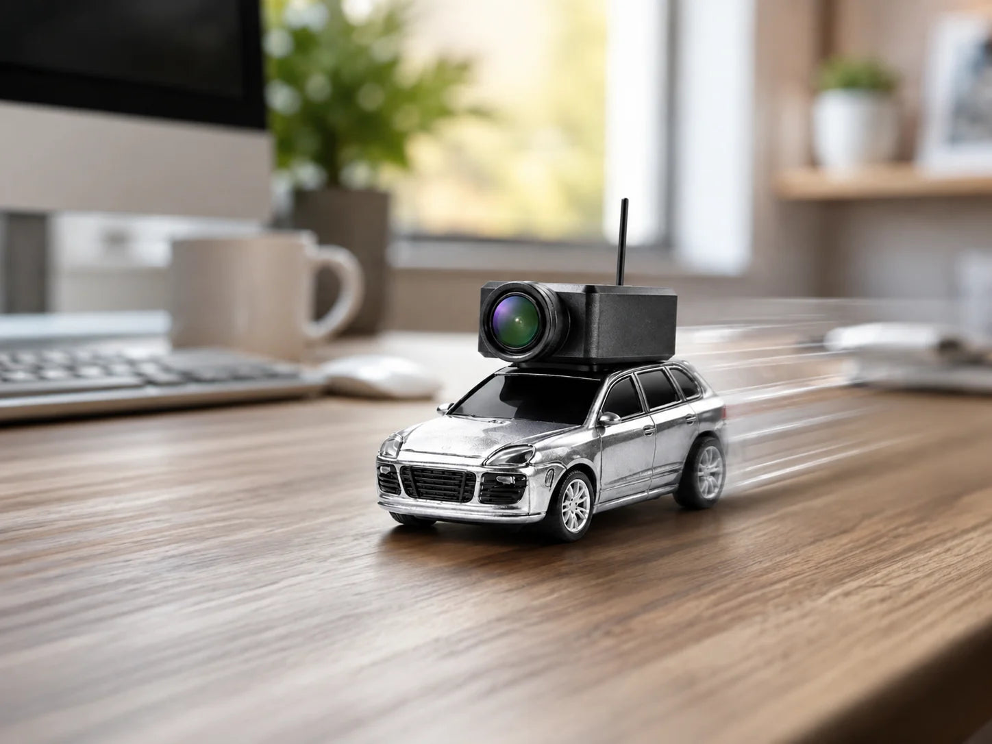 Hands holding a phone above the Pocket FPV Camera Car with the live driving controls visible