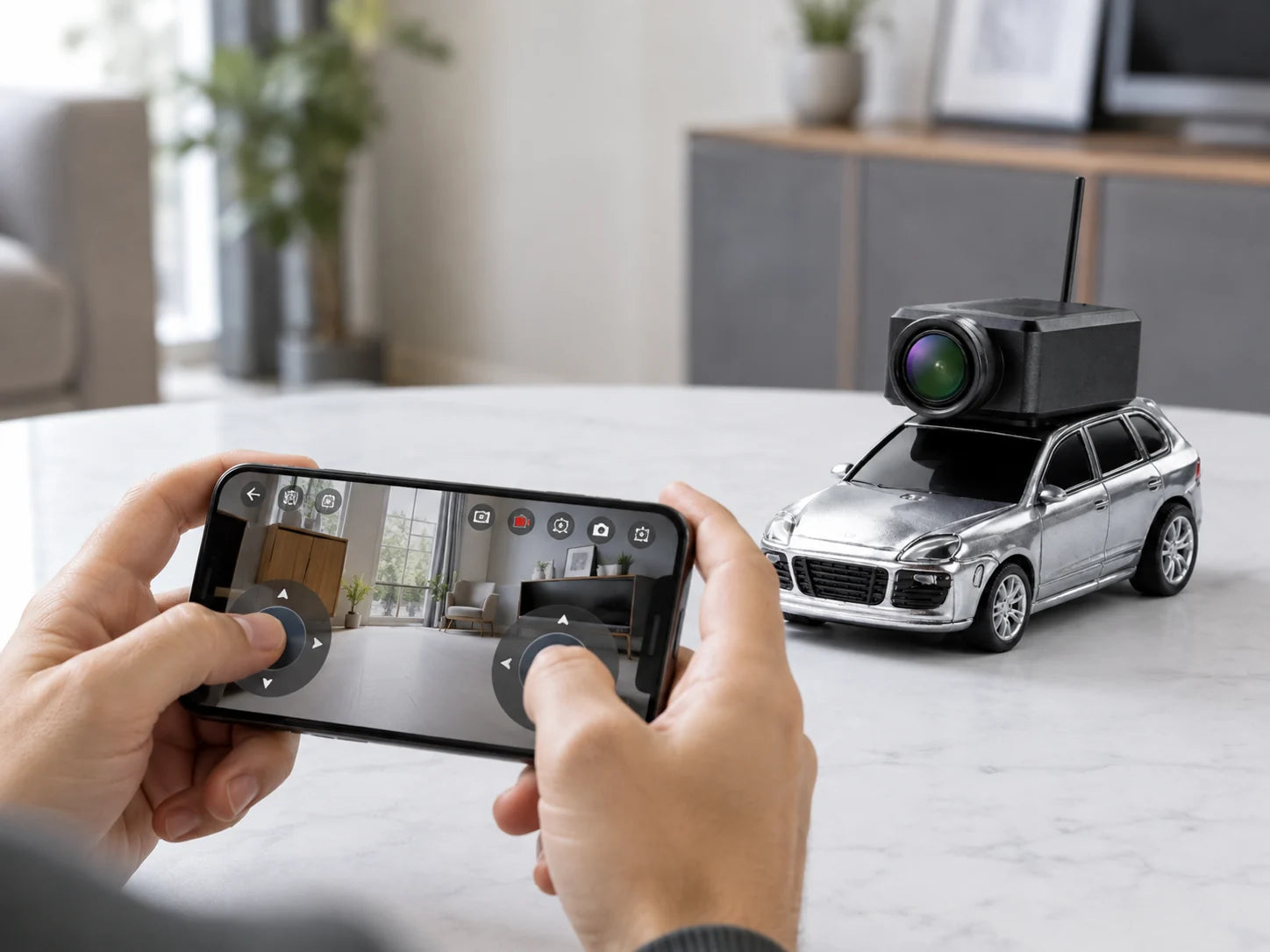 Hands using a smartphone to control the Pocket FPV Camera Car